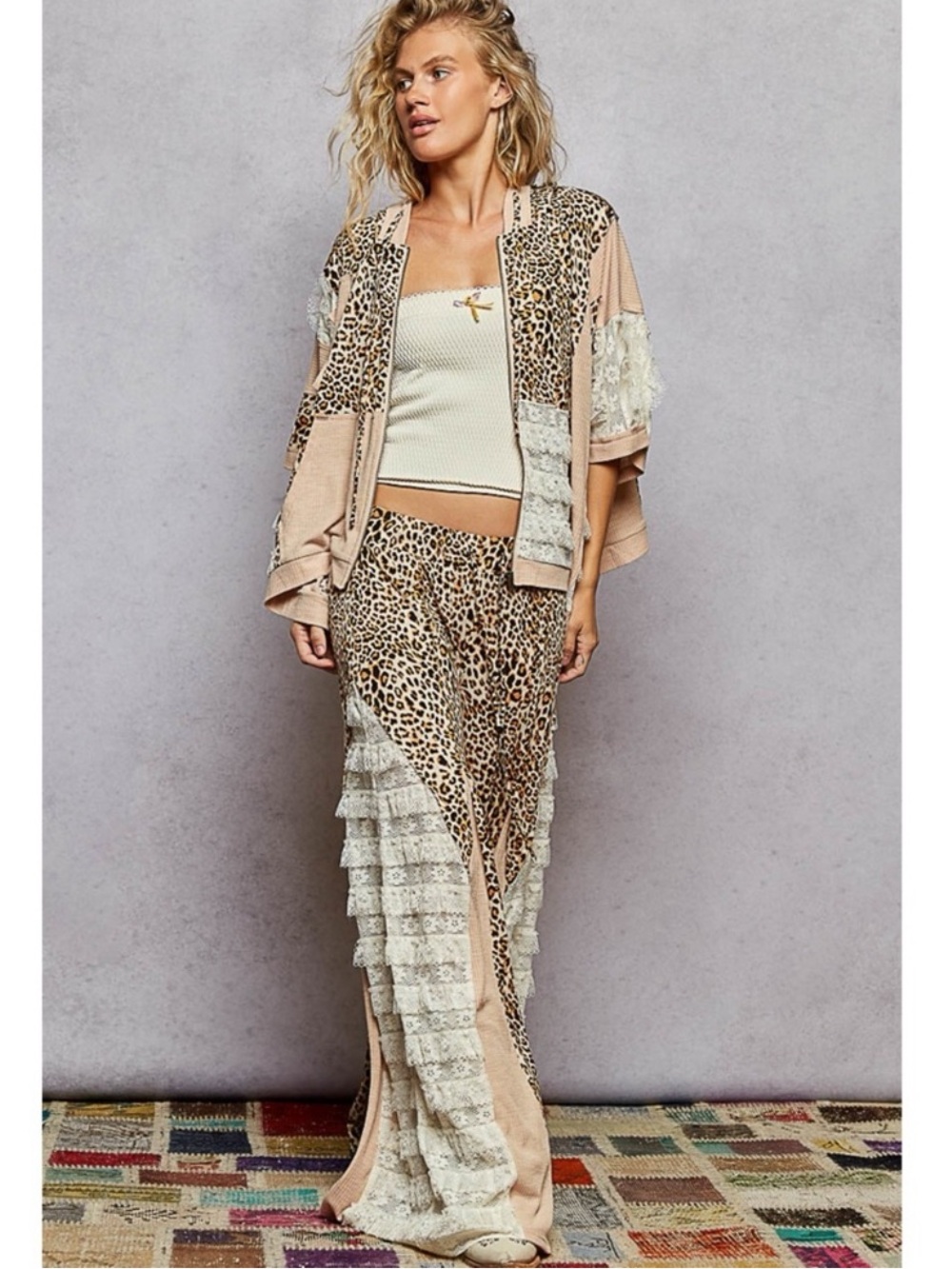 POL set lace patchwork leopard, L, new